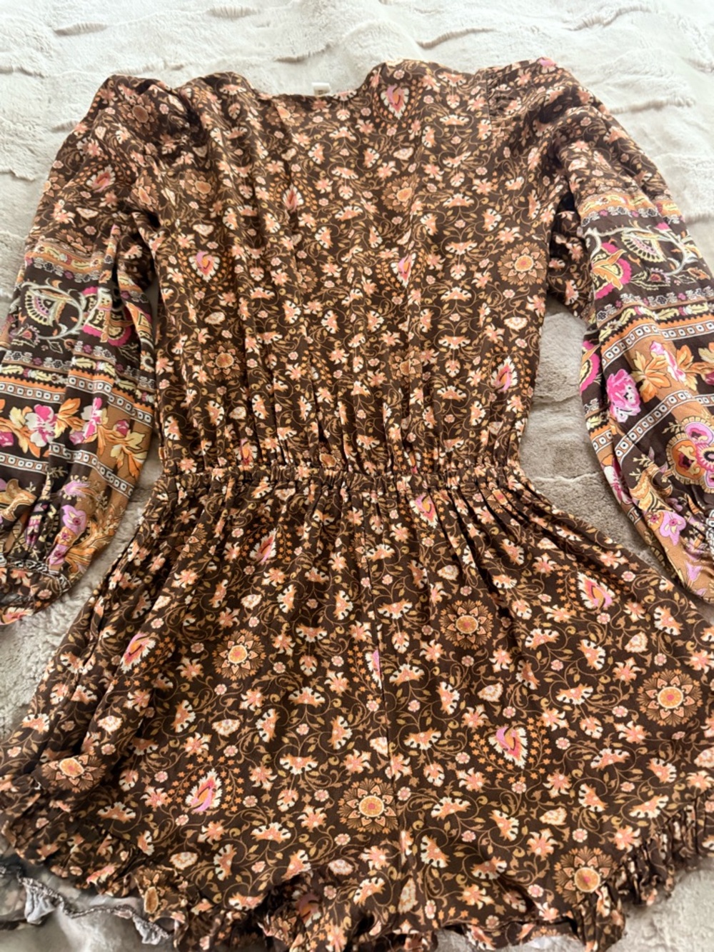 Spell Brown Floral Long Sleeve V-Neck Romper with Tassel Tie - Picture 8 of 9